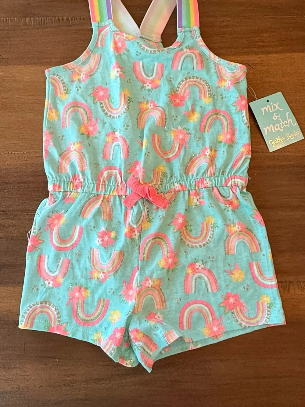 Cynthia Rowley Mint Rainbow Floral Romper with Pink Accents size 4